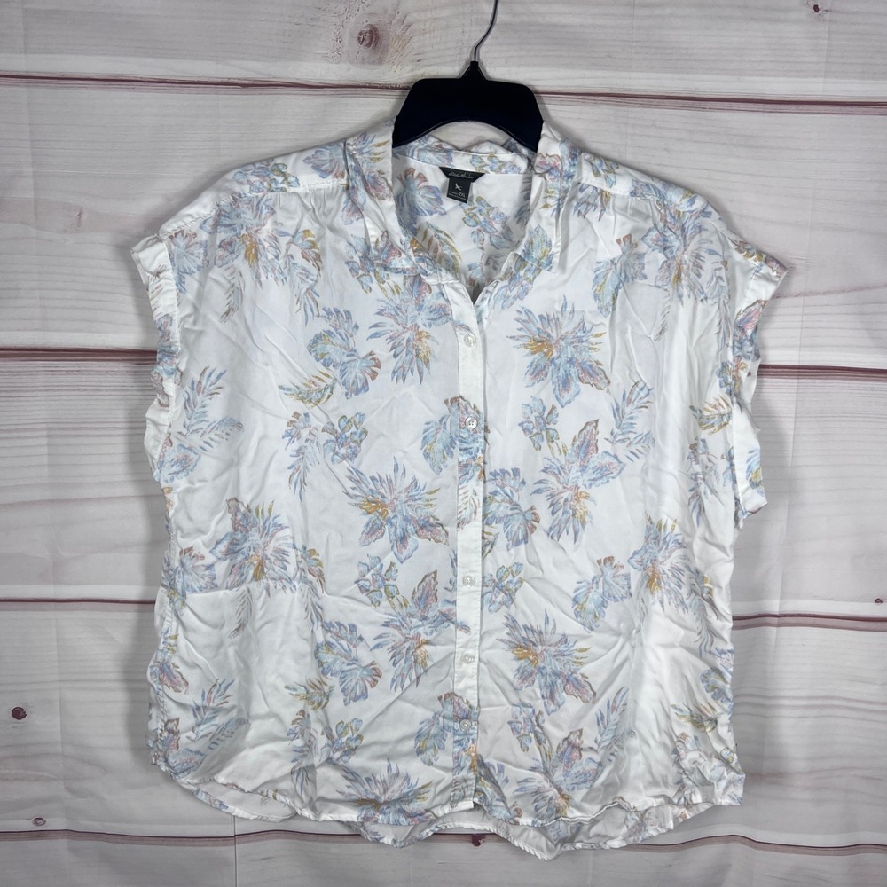 Eddie Bauer Button Up Shirt Womens 2XL White Floral Lyocell Short Sleeve Collar